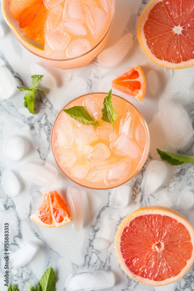 Overhead View Grapefruit Cocktail Composition. Top view of a refreshing grapefruit cocktail on marble.