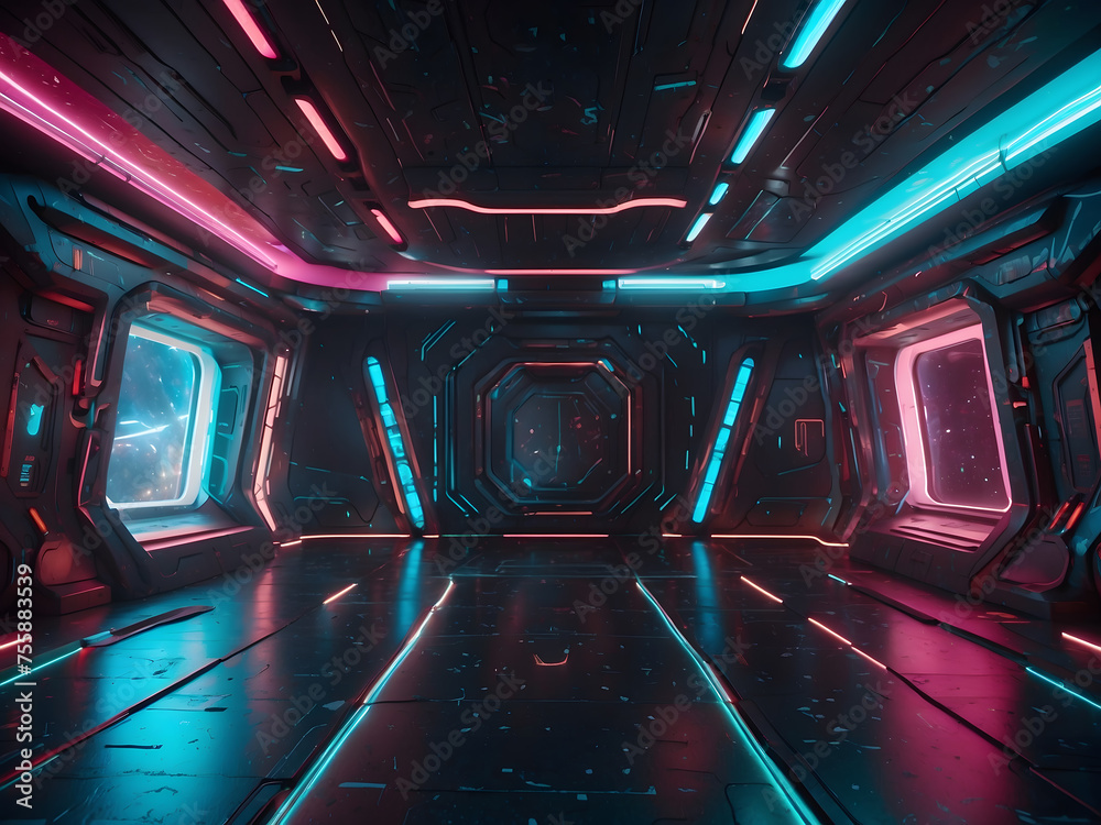 An empty room with a futuristic galactic theme, showcasing advanced technology, cosmic elements, and dynamic lighting in 3D design.