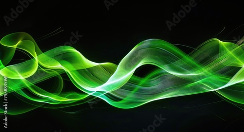 Swirling Vibrant Neon Green Light Painting on Black Background. Long Exposure Image of Motion and Movement