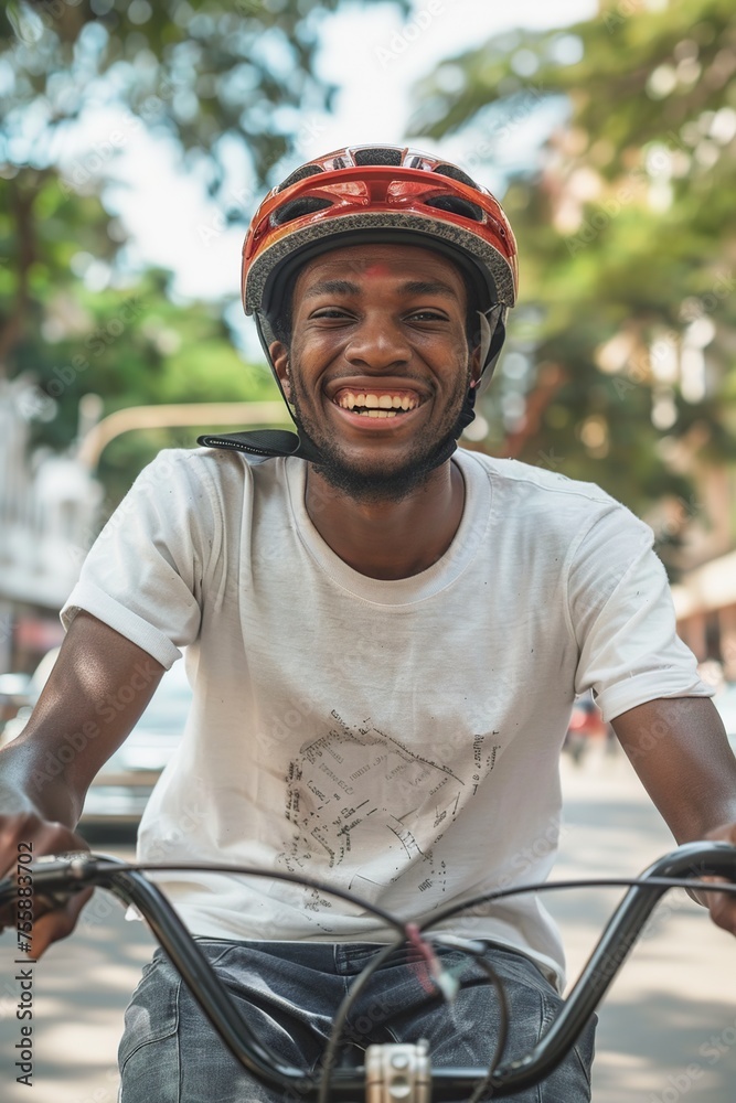 Obraz premium Man Riding Bike Down Street