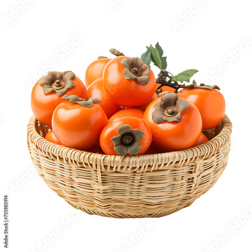 Vibrant Harvest: A Beautiful Display of Fuyu Persimmons Nestled in a Rustic Straw Basket, Evoking the Essence of Winter's Bounty - PNG Cutout Isolated on a Transparent Backdrop