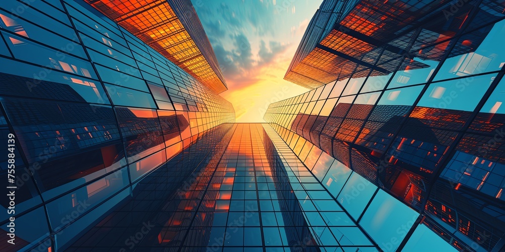 Modern skyscrapers of a smart city, futuristic financial district, graphic perspective of buildings and reflections - Architectural sunset hitting the buildings - obrazy, fototapety, plakaty 