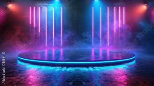 Abstract room interior with neon lights background. 3d illustrations.