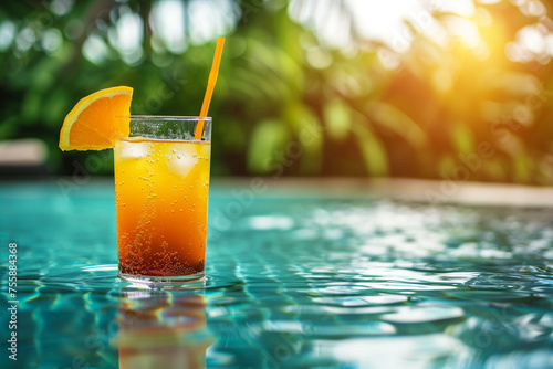 Orange cocktail by the pool, perfect for summer advertising. Close-up Summer Poolside Refreshment.