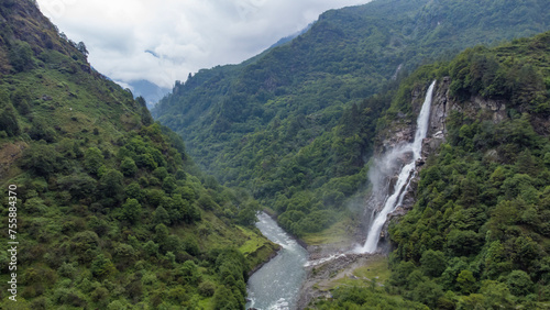 Canvas Print Jang falls also known as nuranang falls or bong bong falls some 100 metres high waterfall it falls into nuranang river and engulfed by mountains in tawang district Arunachal Pradesh state of India