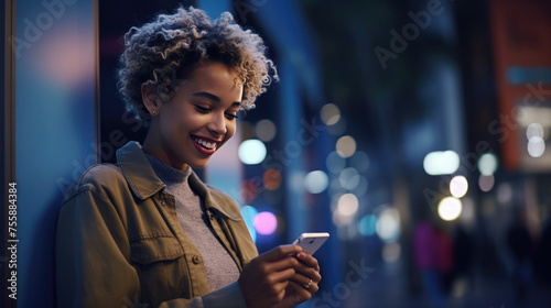 A woman uses a cell phone on a city street at night