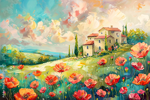Landscape with  poppy flowers, Oil paintig