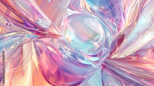 A digital art composition featuring an abstract background with swirling glass shapes, creating a sense of fluidity and movement. The colors include pastel rainbow hues that shimmer in the light. Gene
