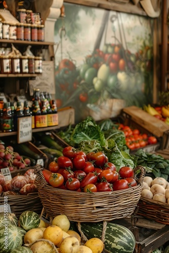 Display of Tomatoes and Vegetables in Baskets