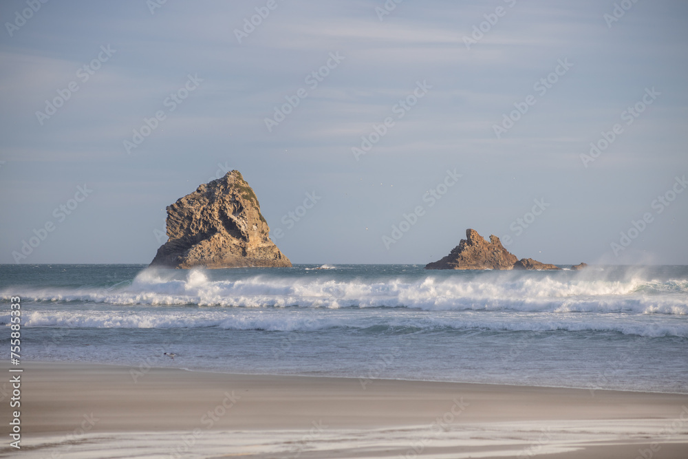 stone in the middle of the sea at sunset in sandfly bay in new zealand