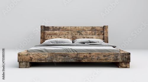 A rustic wooden bed frame with a weathered finish against a soft gray background, creating a cozy and inviting atmosphere.