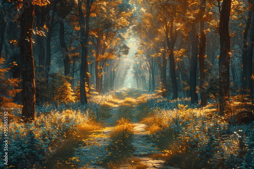 A meandering forest trail adorned with dappled sunlight, creating an enchanting atmosphere for a nature walk. Concept of exploring hidden pathways. Generative Ai. © Sebastian