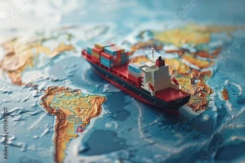 A large ship is on a map of the world. Container ship model on world map transcontinental © Nico