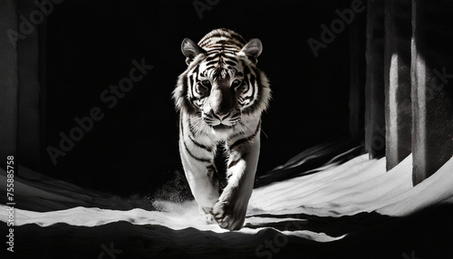 Grayscale photo of majestic white tiger navigating snowdrift photo