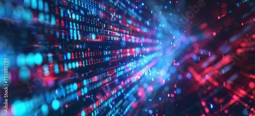 Digital background featuring blue and red glowing data on a computer screen with light blurred effects Generative AI