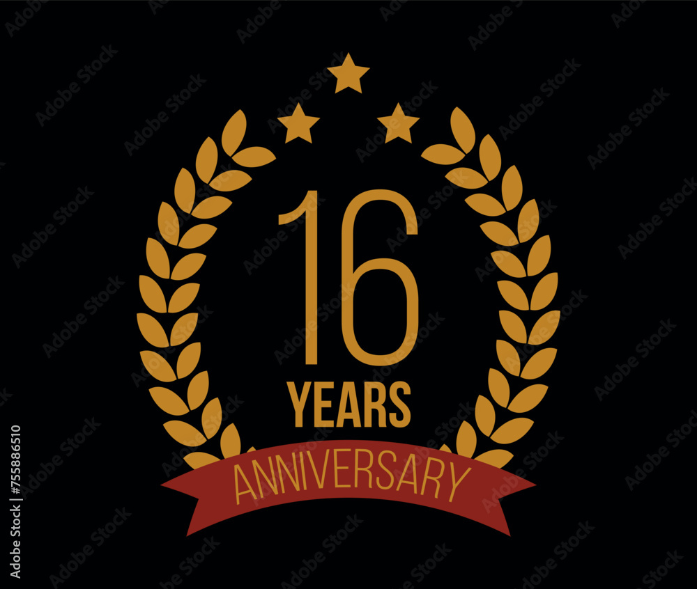 Fototapeta premium 16 Years anniversary. Luxury bronze laurel, birthday celebration and commemorative banner