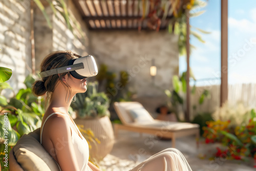Relaxing in sunlit balcony, woman enjoys VR experience, blending thome comfort with cutting-edge technology photo