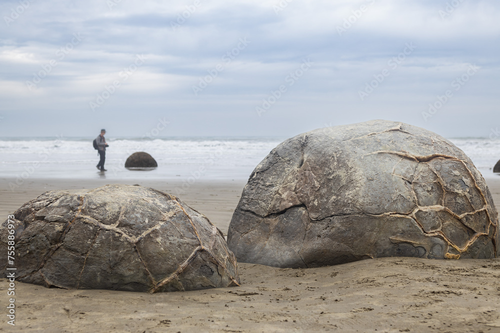 person between stones on moeraki boulders beach on cloudy day in new zealand