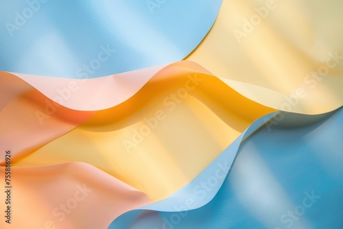 A colorful piece of paper with a wave pattern. Creative curved peach blue and yellow color paper