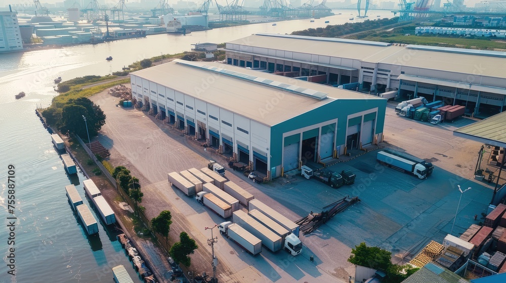 trucks align by the river next to a logistics warehouse, showcasing the seamless flow of goods and organized transport management