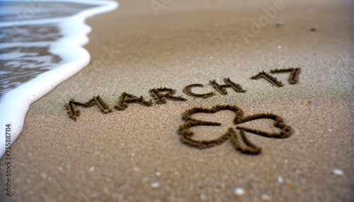 St. Patrick's Day Celebration: Clover and Date on Sandy Beach