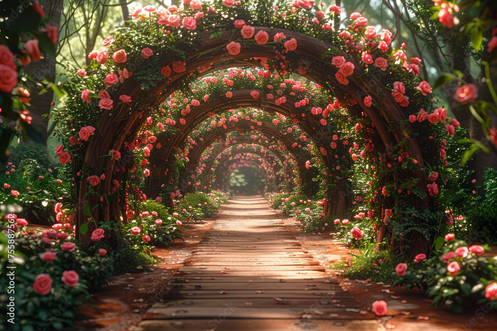 Fototapeta premium A trellised archway covered in climbing roses, creating a romantic entrance and showcasing the versatility of floral structures. Concept of enhancing garden entrances. Generative Ai.