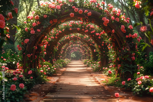 A trellised archway covered in climbing roses, creating a romantic entrance and showcasing the versatility of floral structures. Concept of enhancing garden entrances. Generative Ai.