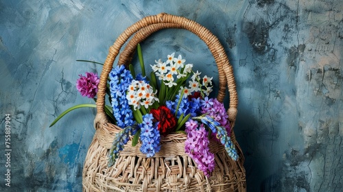 A picturesque straw bag adorned with the seasonal blooms of hyacinth and carnation © Chingiz