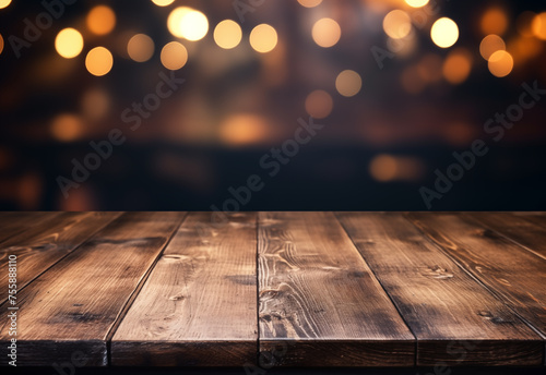 The empty wooden table top with blur background of restaurant at night. Golden light shine particles bokeh background © areef