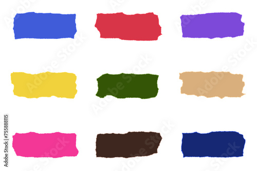 Set of different colored drawn pieces with torn edges, strip blanks for design. Isolated and ready for use.