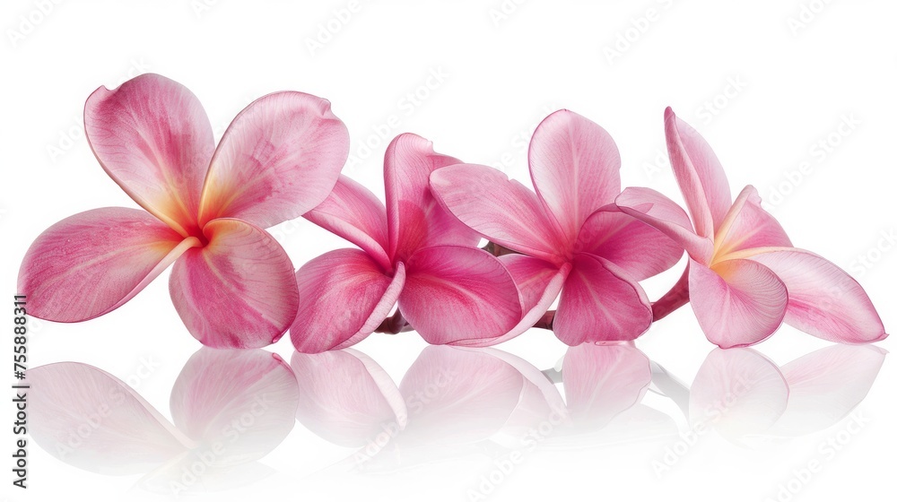 A delicate cluster of pink frangipani flowers, presented in isolation against a pristine white background