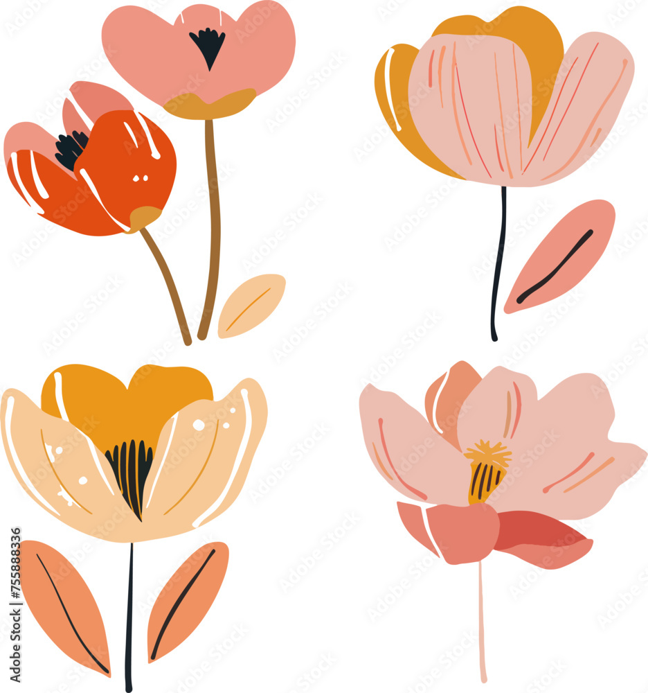 Set of flower, floral design elements, minimal object isolate illustration vector.
Set of flower, floral design elements, minimal object isolate illustration vector.