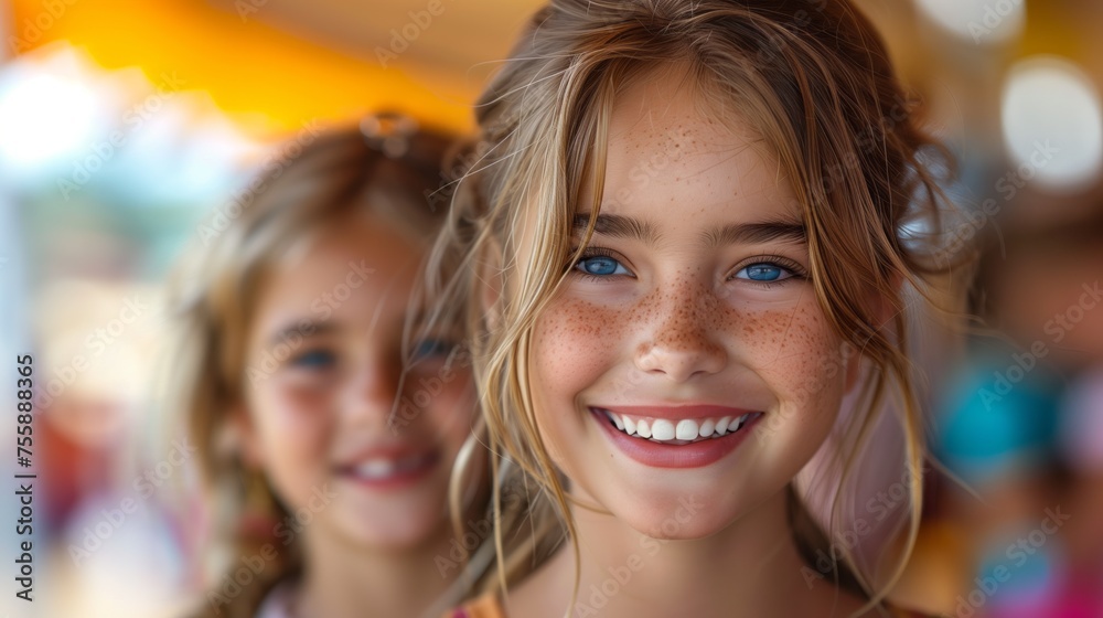 Fototapeta premium Two happy young girls smiling together at a fun event