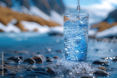 Glass of pouring crystal water against blurred nature snow mountain landscape background, the concept of proper nutrition