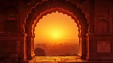 A striking silhouette of an Indian arch within an ancient temple stands against a dramatic orange sunset