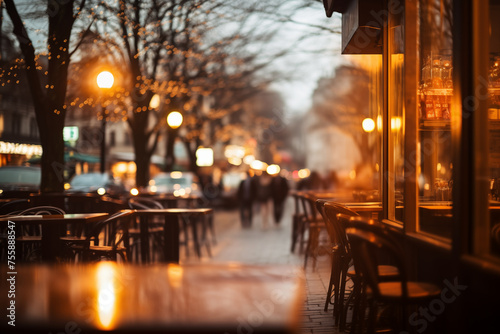 Warm and inviting cafe terrace with the bokeh effect blurring the lights and activity of the city center. Tables line the sidewalk, ready for patrons, lampposts glow softly in the background