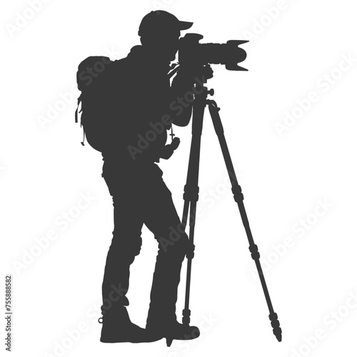 Silhouette cameraman or videographer in action black color only full body