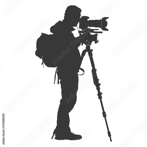 Silhouette cameraman or videographer in action black color only full body