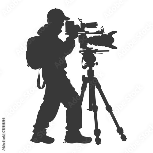 Silhouette cameraman or videographer in action black color only full body