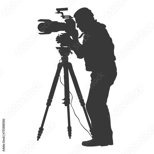 Silhouette cameraman or videographer in action black color only full body