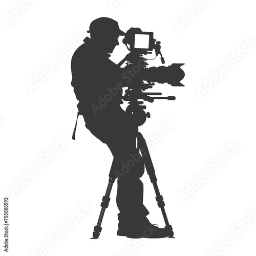 Silhouette cameraman or videographer in action black color only full body