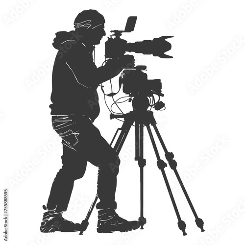 Silhouette cameraman or videographer in action black color only full body