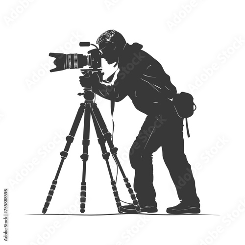 Silhouette cameraman or videographer in action black color only full body
