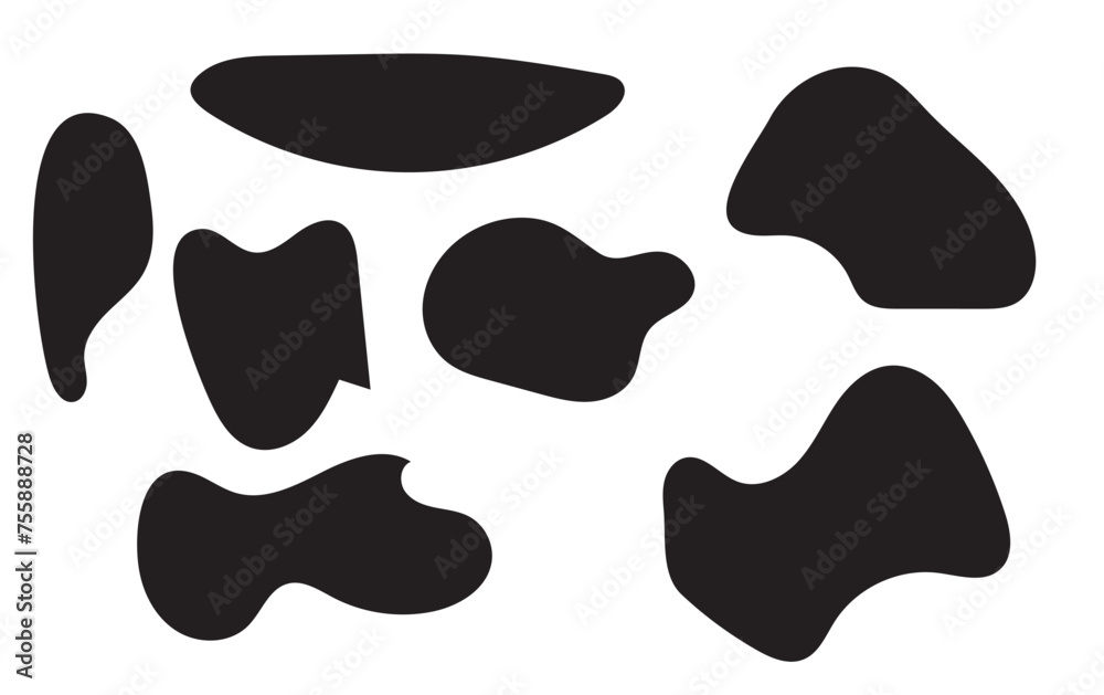 Organic blob shape with irregular form abstract vector illustration. Random oval pebble, asymmetric stone, round amoeba blot. Set of simple graphic geometric stained. Black bubble blotch background Organic blob shape with irregular form abstract vector illustration. Random oval pebble, asymmetric stone, round amoeba blot. Set of simple graphic geometric stained. Black bubble blotch background