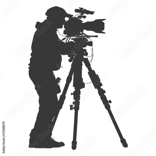 Silhouette cameraman or videographer in action black color only full body