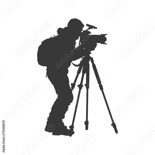 Silhouette cameraman or videographer in action black color only full body