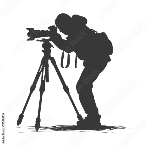 Silhouette cameraman or videographer in action black color only full body