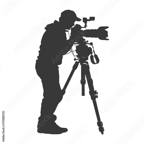 Silhouette cameraman or videographer in action black color only full body