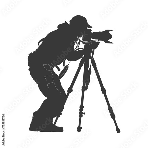 Silhouette cameraman or videographer in action black color only full body