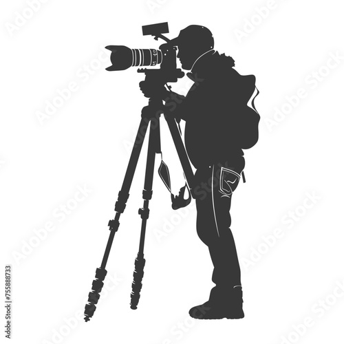 Silhouette cameraman or videographer in action black color only full body